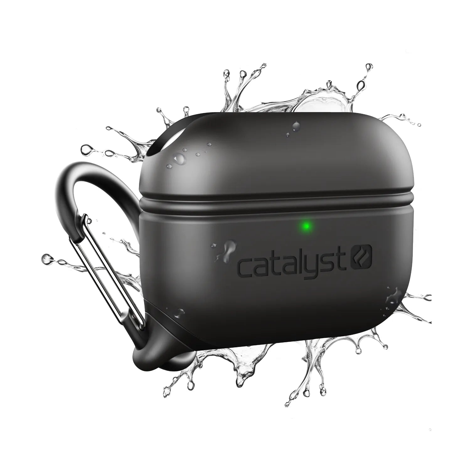 A black waterproof case for AirPods Pro with a carabiner attached, designed by Catalyst, with a splash of water indicating its waterproof feature.