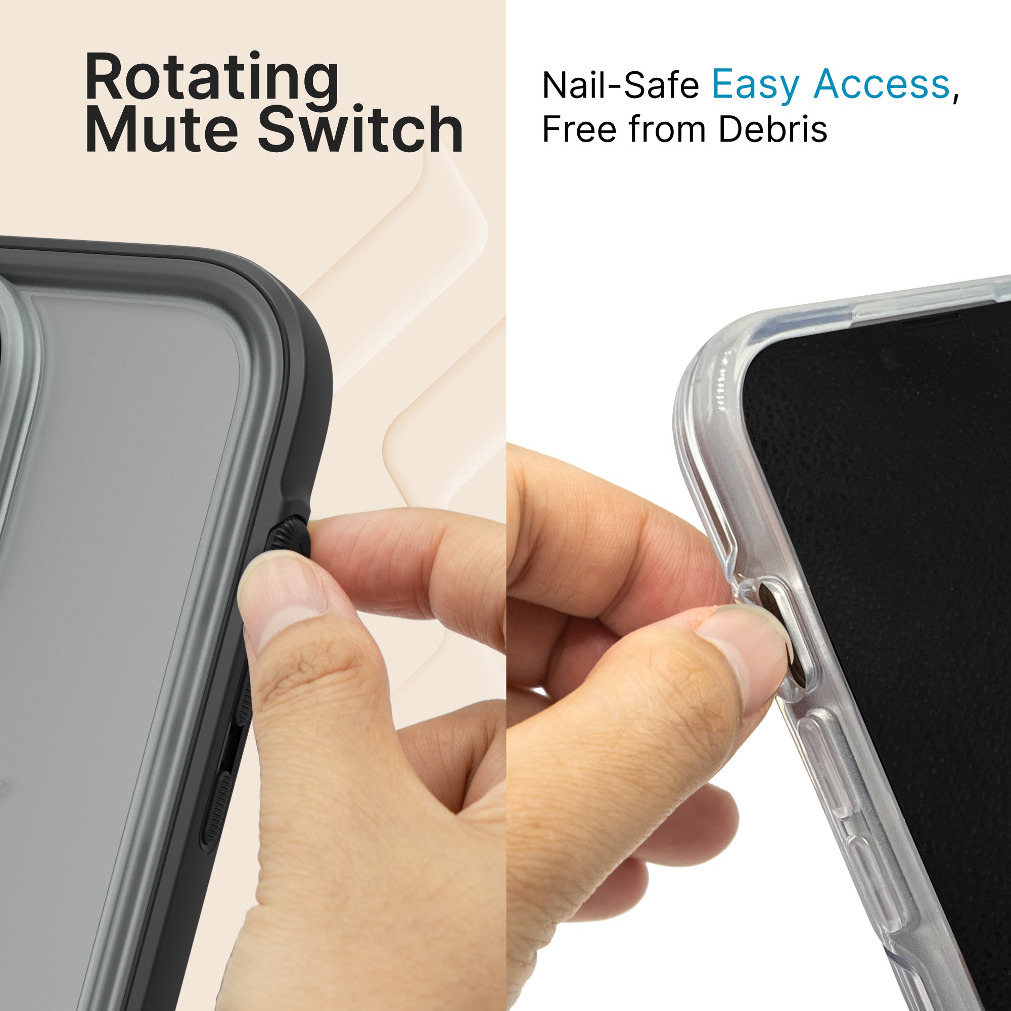 CATIPHO14BLKL-FBA | Catalyst iPhone 14 Plus Waterproof Case Total Protection case showing finger Rotating Mute Switch that is easy to use instead of digging finger nails into a slot to toggle mute switch shown and accumulating dirt.