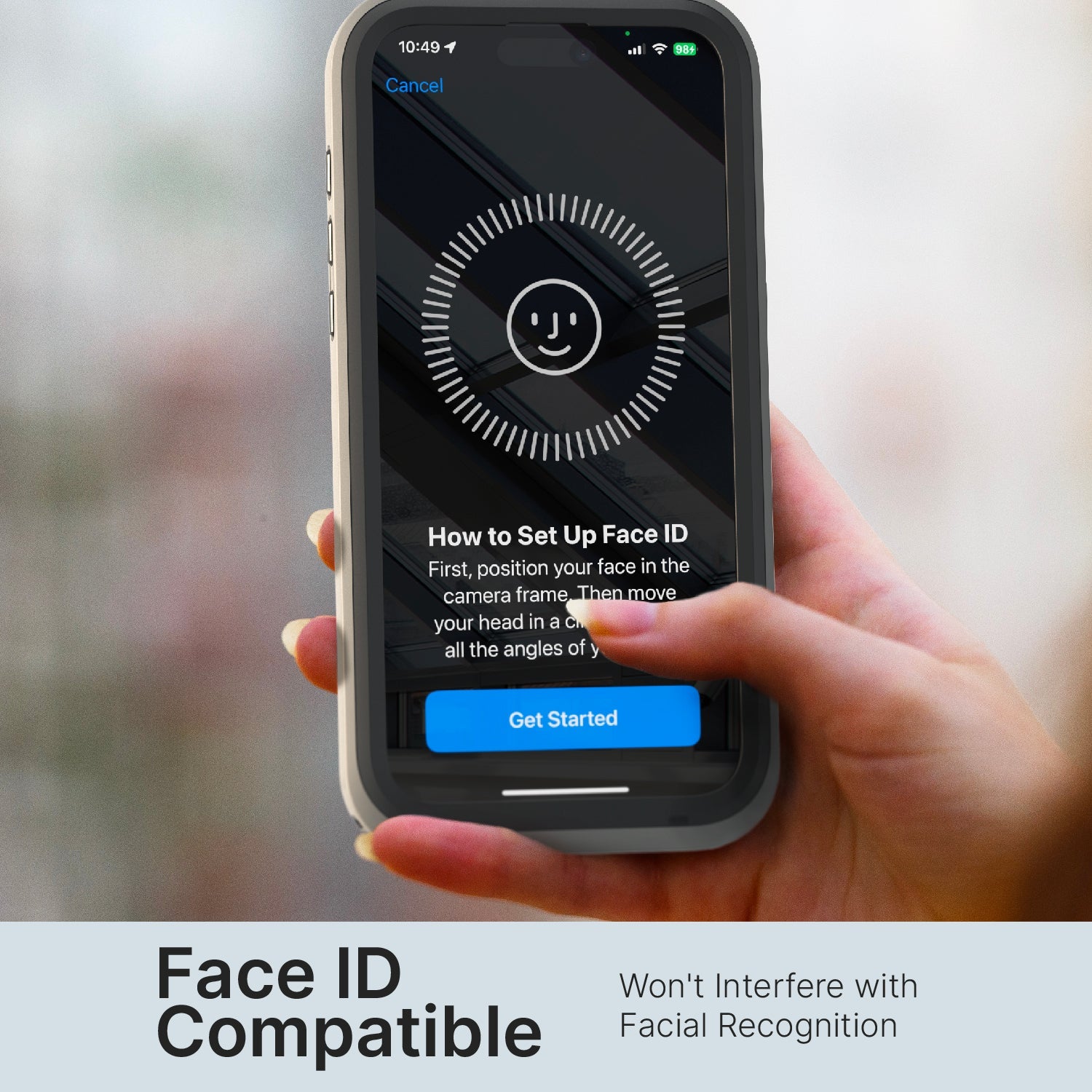 CATIPHO15GRYMP-FBA | Catalyst iPhone 15 Pro Waterproof Case Total Protection case showing FaceID face recognition works & does not interfere with device inside case
