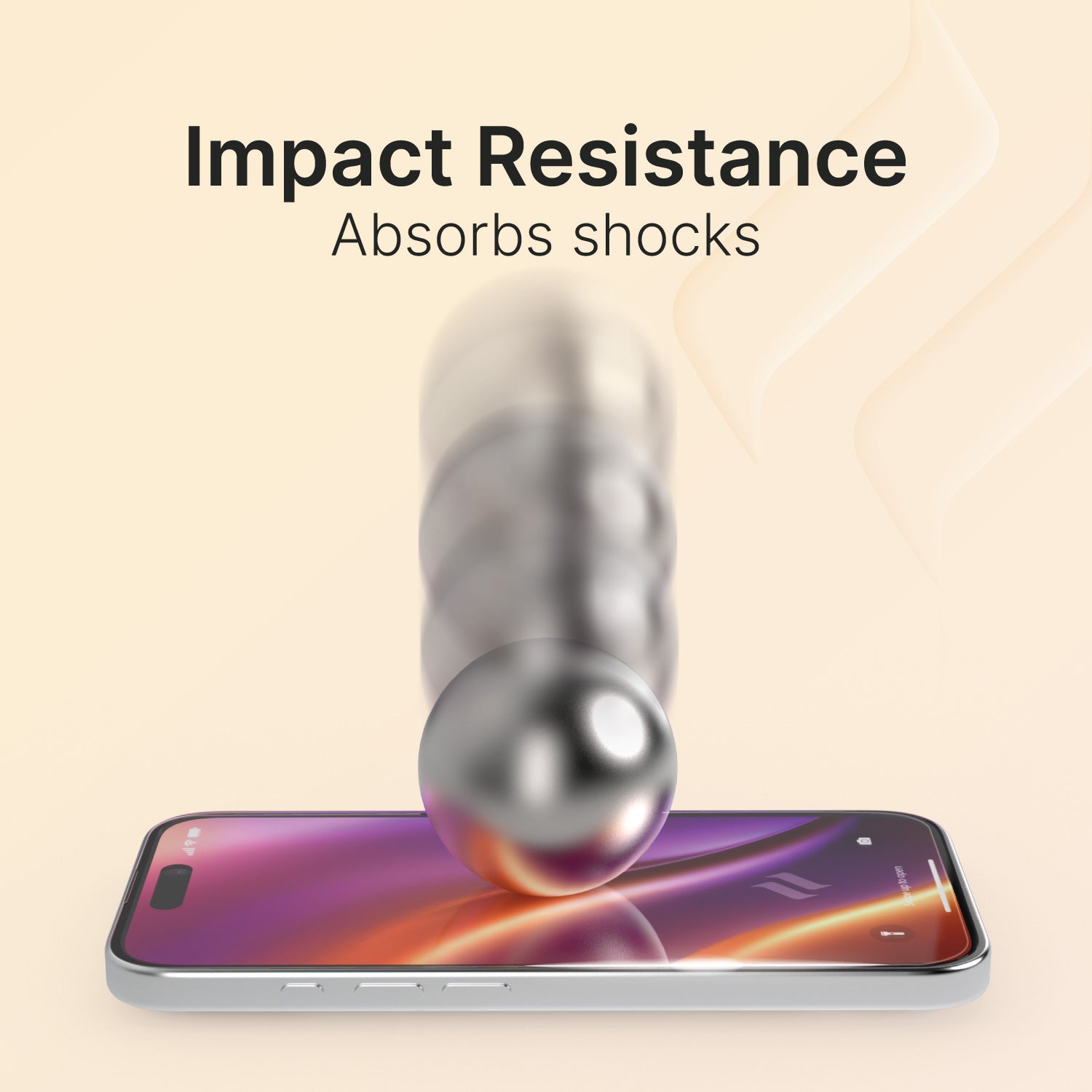 A silver ball bounces off a Catalyst iPhone 16 - Tempered Glass Screen Protector, demonstrating its "Impact Resistance Absorbs Shocks" feature.