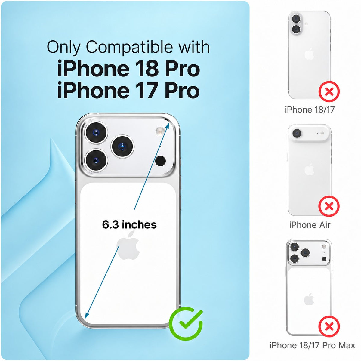 Catalyst tempered glass screen protector for iPhone 18/17 Pro, compatibility chart for the 6.3-inch model only