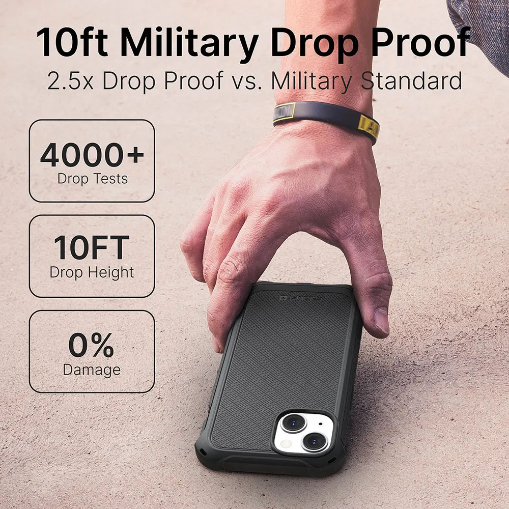 A hand holds the Catalyst Case US Crux Case for iPhone 14 Plus on concrete. Text: "MIL-STD 810G Drop Proof, 2.5x vs Military Standard, 4000+ Drop Tests." The scene showcases its superior durability and MagSafe compatibility.