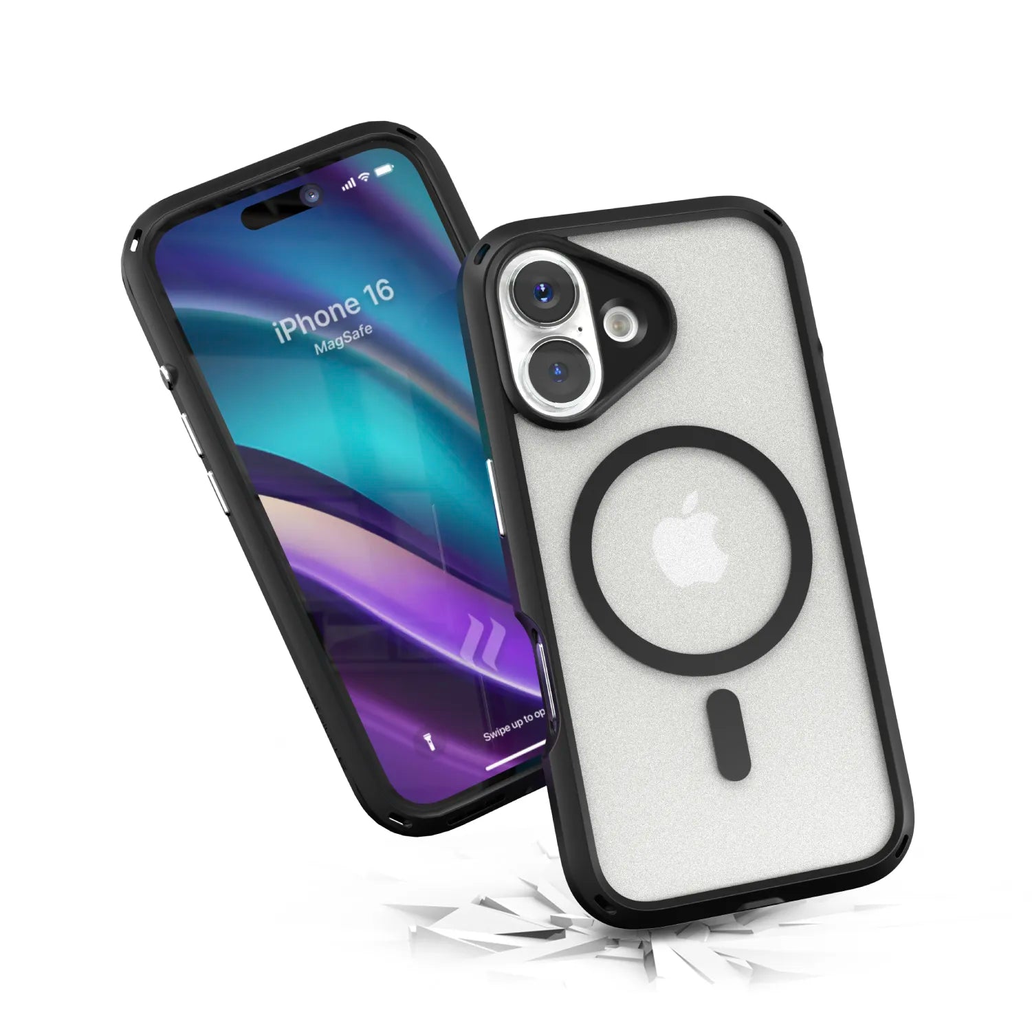 Image of a clear protective iPhone 16 case with black accents and MagSafe compatibility, displayed over a broken surface, highlighting its durability. The phone screen shows vibrant graphics, emphasizing style and protection.