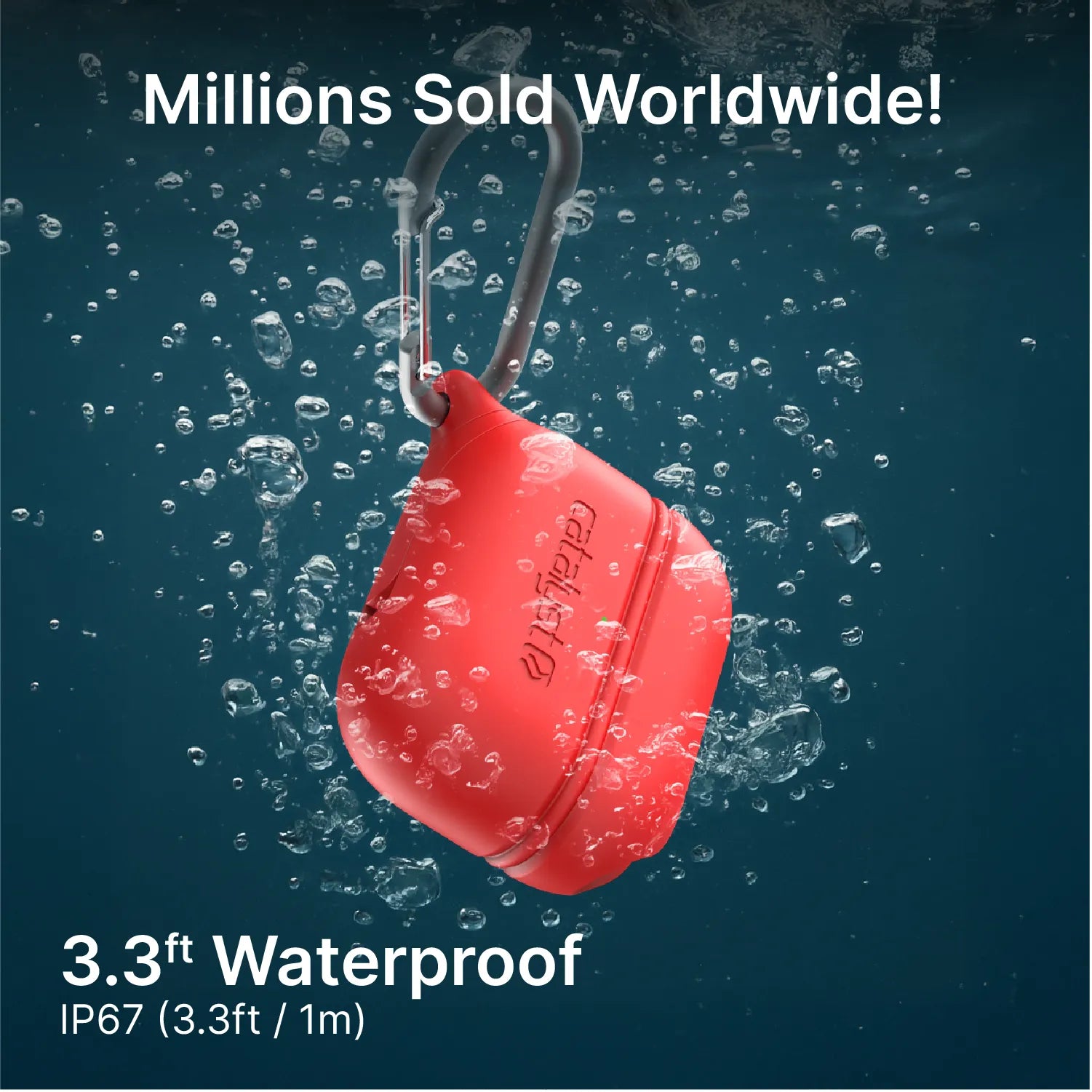 Catalyst Total Protection case for AirPods Pro in glow-in-the-dark green, shown underwater.