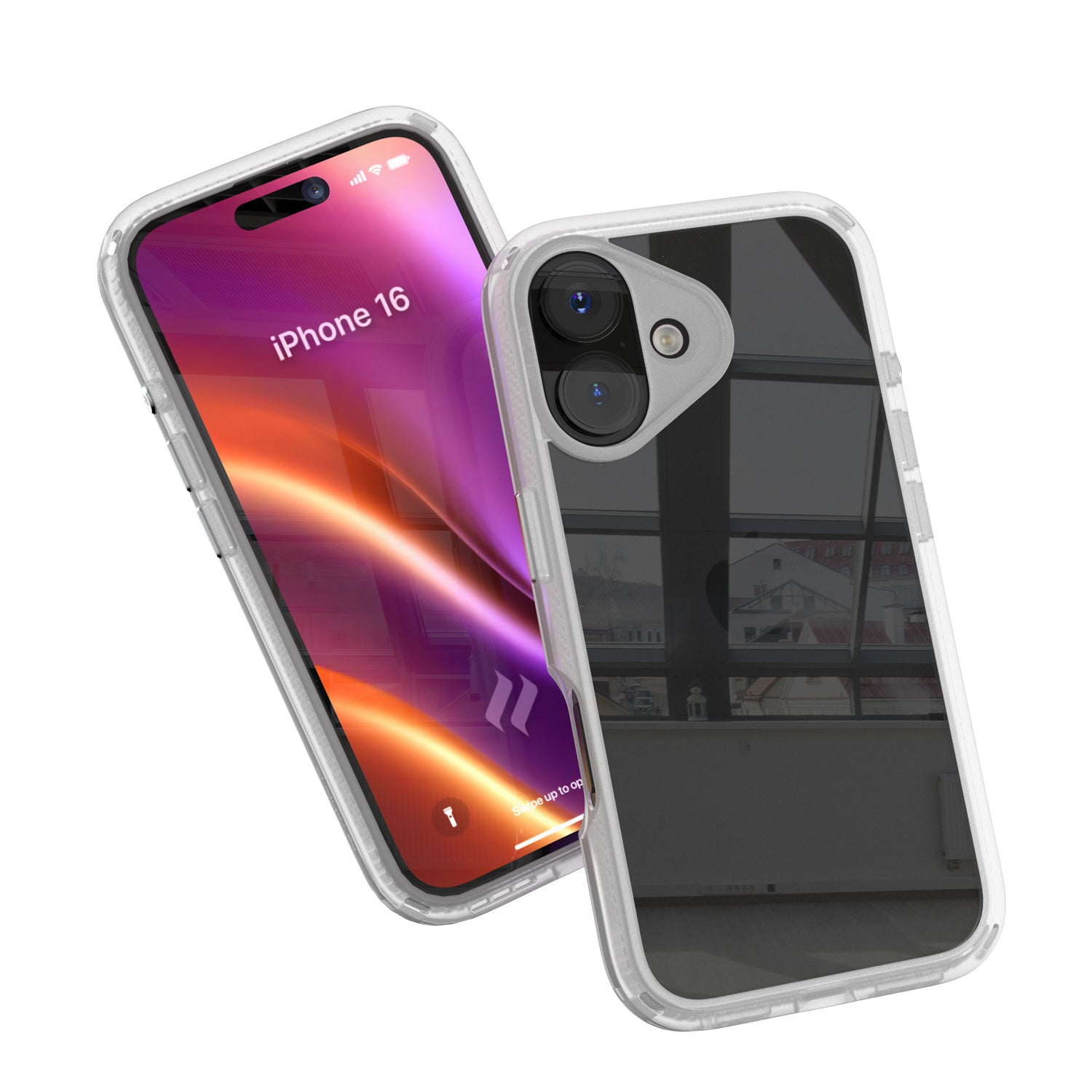 Two smartphones in Catalyst's black iPhone 16 Drop Proof Cases, one showcasing a colorful screen with the text "iPhone 16'," and the other displaying the back, featuring an Apple logo and camera lenses.