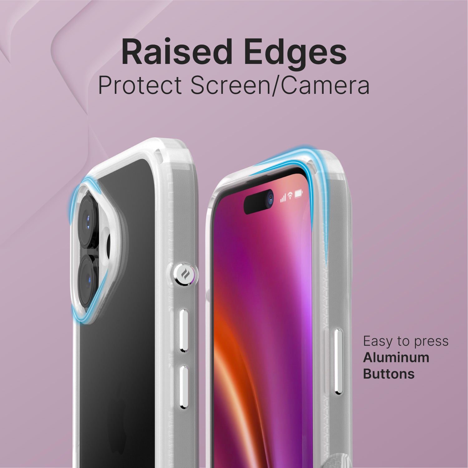 Close-up of the Catalyst iPhone 16 - Drop Proof Case in clear, showcasing its raised edges designed to protect the screen and camera, and highlighting its easy-to-press aluminum buttons.