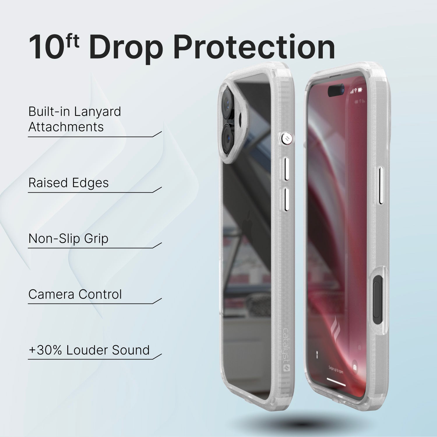 The Catalyst iPhone 16 Plus Drop Proof Case in clear is displayed from both the back and front, showcasing features such as 10ft drop proof protection, built-in lanyard attachments, raised edges for screen and camera protection, a non-slip grip design, works with Camera Control, and enhancement of sound quality.