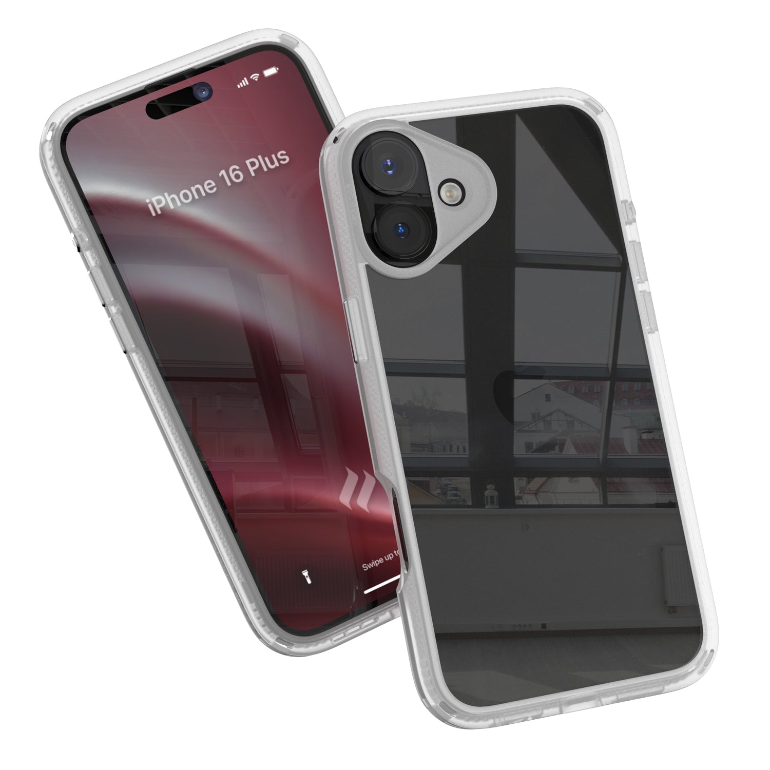 Two smartphones in Catalyst's black iPhone 16 Plus Drop Proof Cases, one showcasing a colorful screen with the text "iPhone 16'," and the other displaying the back, featuring an Apple logo and camera lenses.