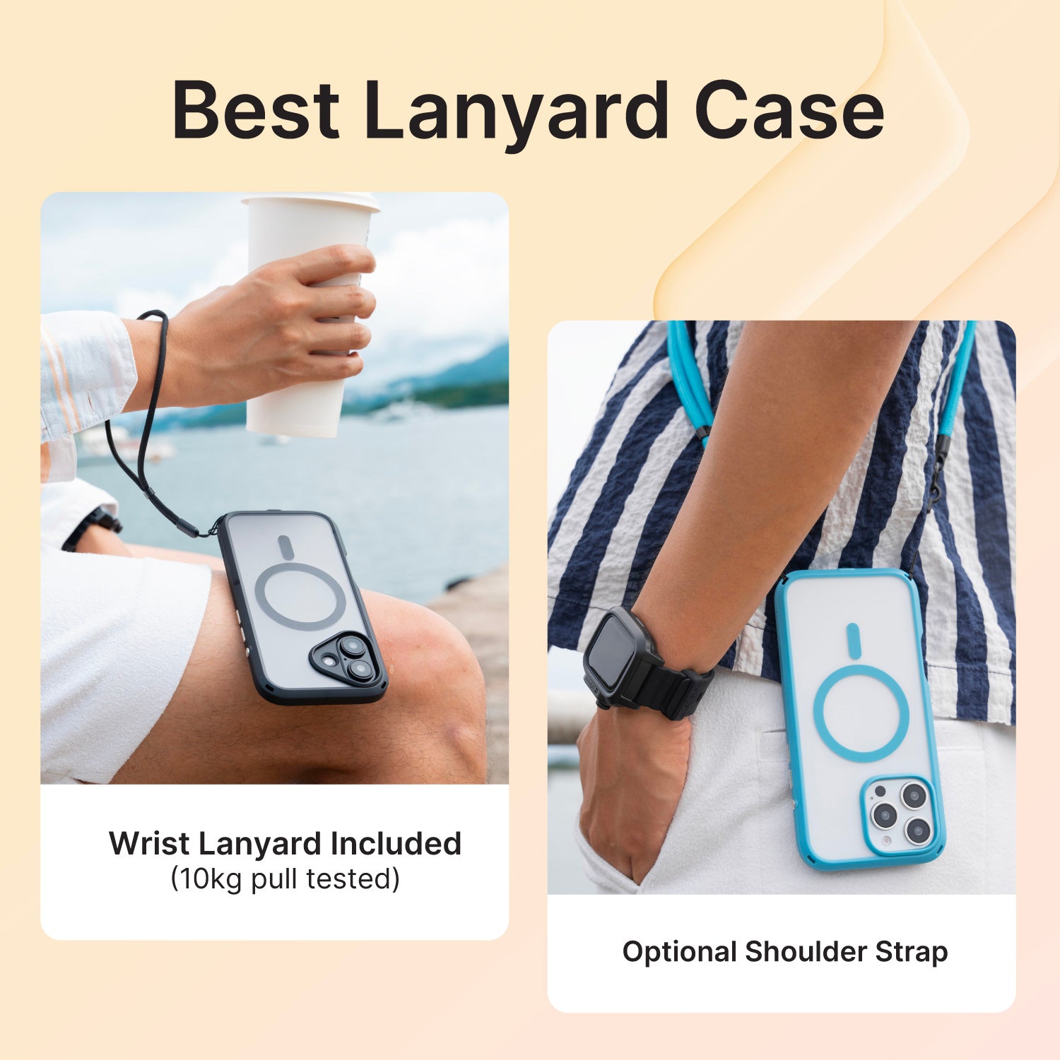 Two images showcase Catalyst's Drop Proof Case for smartphones. Left: A person holding a drink with their phone with a black drop proof case attached to a wrist lanyard. Right: A person in a striped outfit wearing their phone with a blue drop proof case attached on an optional shoulder strap.