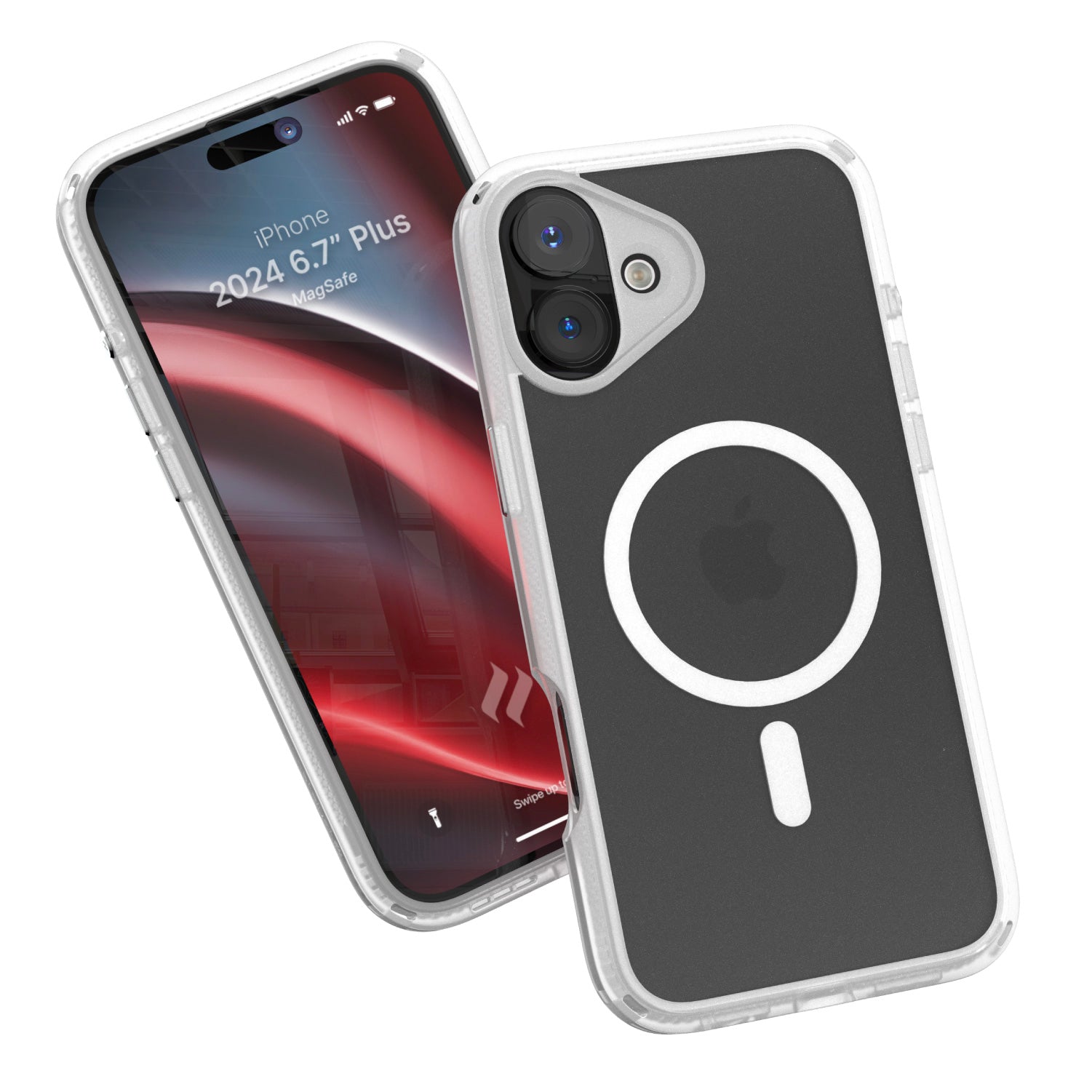 Two smartphones in Catalyst's clear iPhone 16 Plus Drop Proof Cases, MagSafe Compatible, one showcasing a colorful screen with the text "iPhone 16'," and the other displaying the back, featuring an Apple logo and camera lenses.