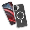 Two smartphones in Catalyst's clear iPhone 16 Plus Drop Proof Cases, MagSafe Compatible, one showcasing a colorful screen with the text 