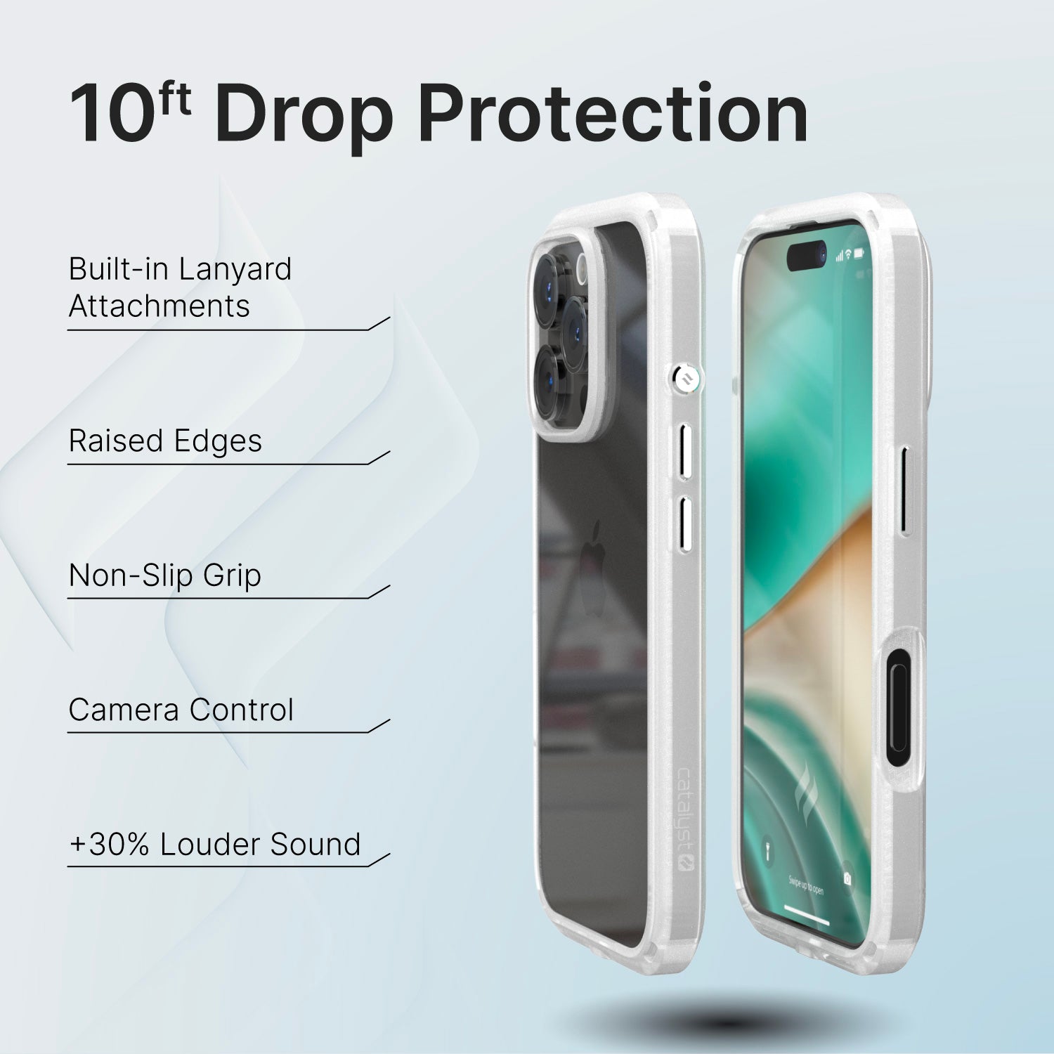 The Catalyst iPhone 16 Pro Drop Proof Case, MagSafe Compatible in clear is displayed from both the back and front, showcasing features such as 10ft drop proof protection, built-in lanyard attachments, raised edges for screen and camera protection, a non-slip grip design, crystal clear back for phone visibility, and enhancement of sound quality.