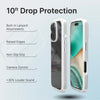 The Catalyst iPhone 16 Pro Drop Proof Case, MagSafe Compatible in clear is displayed from both the back and front, showcasing features such as 10ft drop proof protection, built-in lanyard attachments, raised edges for screen and camera protection, a non-slip grip design, crystal clear back for phone visibility, and enhancement of sound quality.