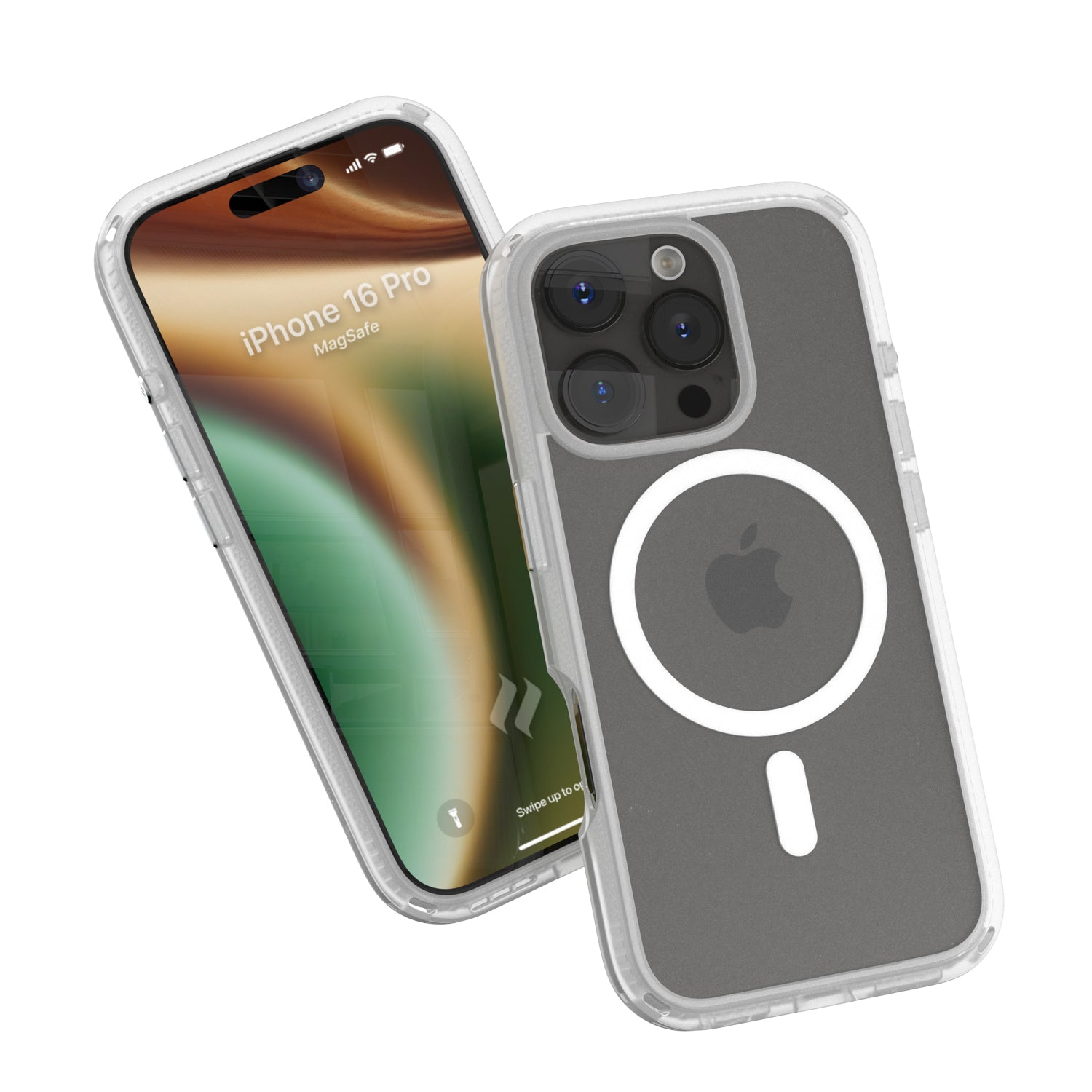 Two smartphones in Catalyst's clear iPhone 16 Pro Drop Proof Cases, MagSafe Compatible, one showcasing a colorful screen with the text "iPhone 16 Pro'," and the other displaying the back, featuring an Apple logo and camera lenses.