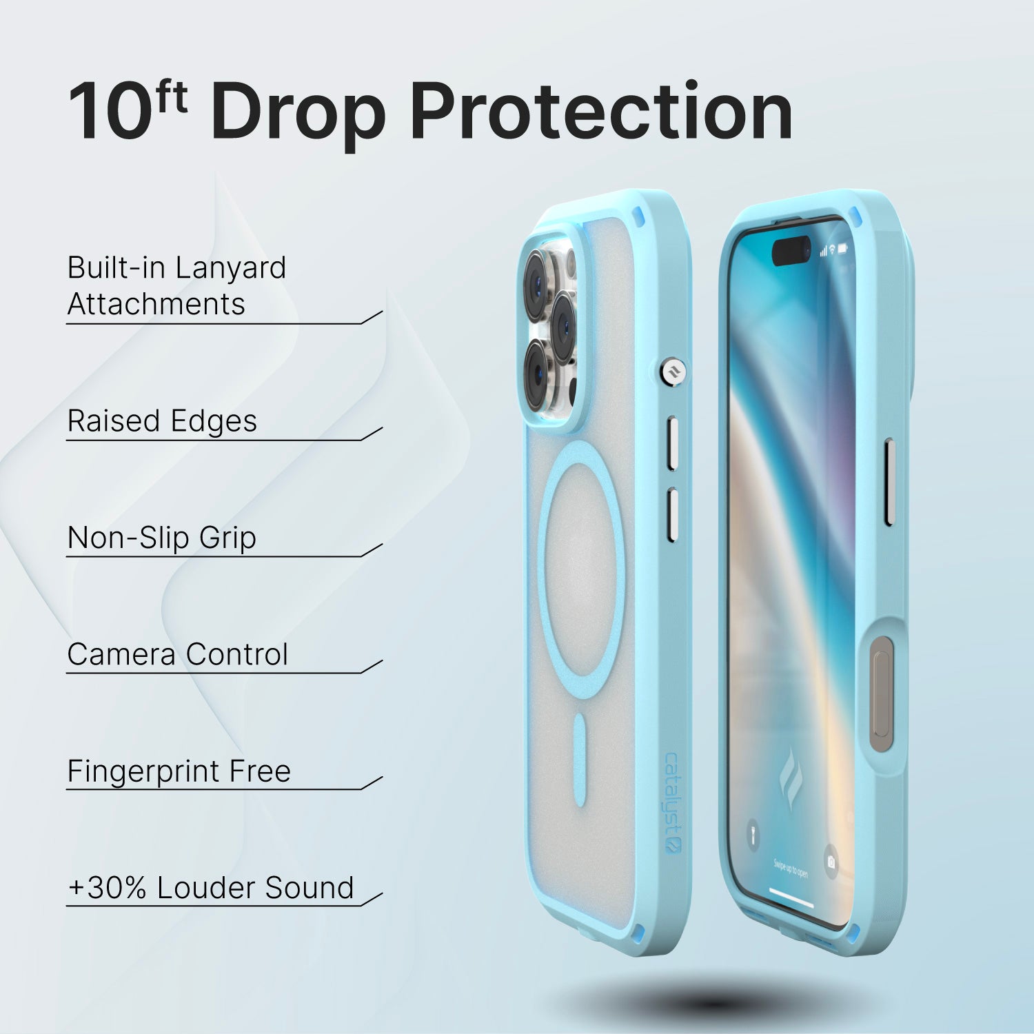 The Catalyst iPhone 16 Plus Drop Proof Case, MagSafe Compatible in sky blue is displayed from both the back and front, showcasing features such as 10ft drop proof protection, built-in lanyard attachments, raised edges for screen and camera protection, a non-slip grip design, works with Camera Control, and enhancement of sound quality.