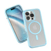 Two smartphones in Catalyst's sky blue iPhone 16 Pro Drop Proof Cases, MagSafe Compatible, one showcasing a colorful screen with the text 