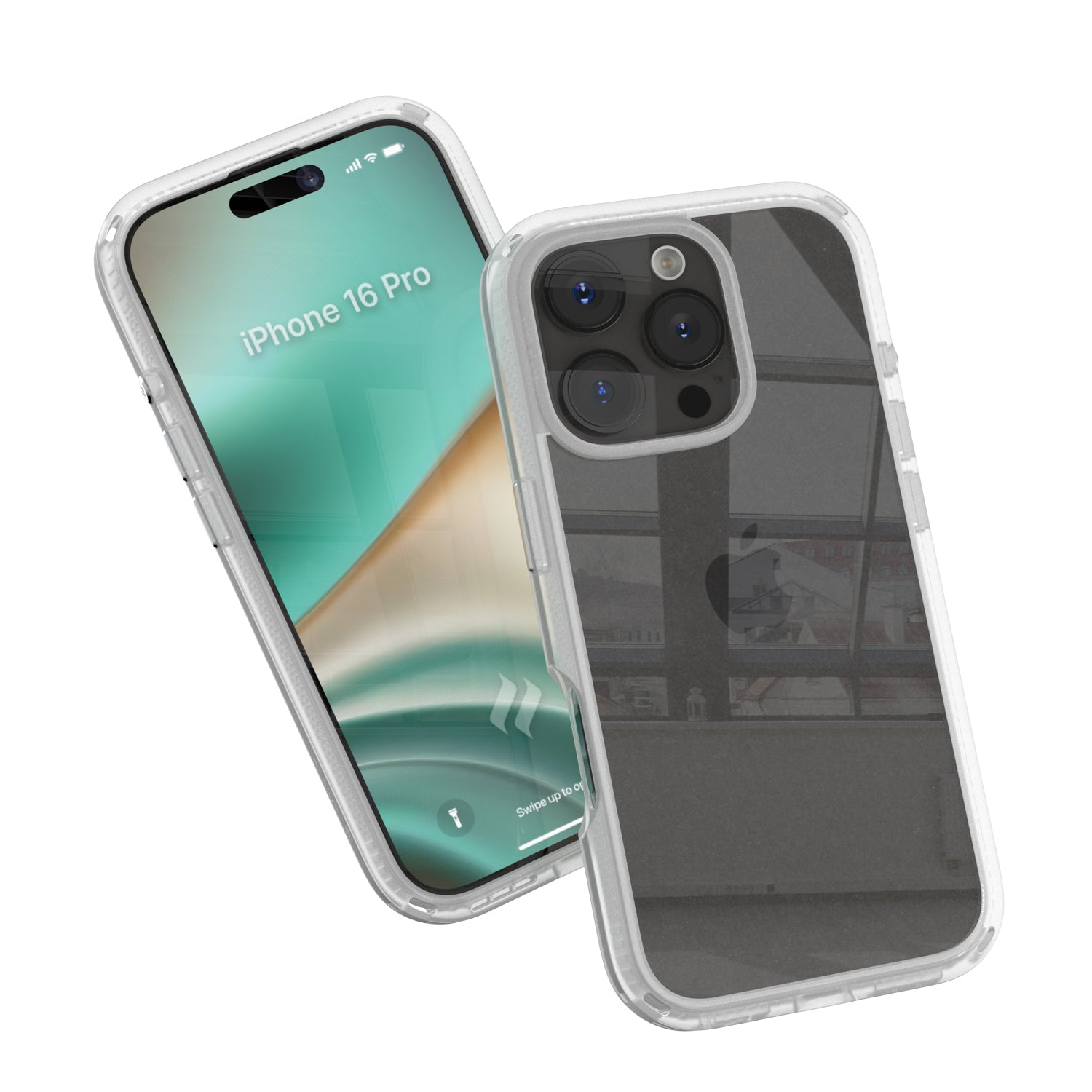 Two smartphones in Catalyst's black iPhone 16 Pro Drop Proof Cases, one showcasing a colorful screen with the text "iPhone 16'," and the other displaying the back, featuring an Apple logo and camera lenses.