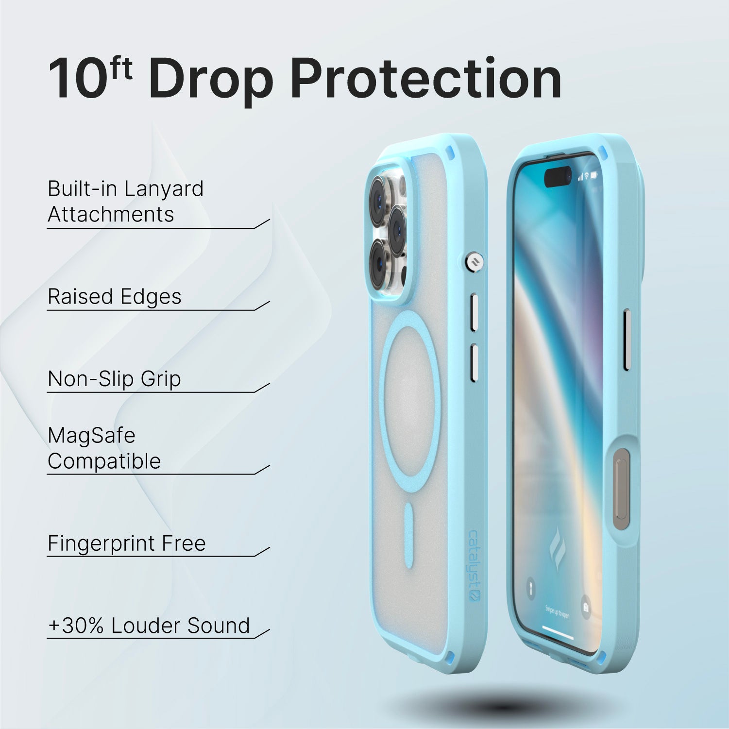 The Catalyst iPhone 16 Plus Drop Proof Case, MagSafe Compatible in sky blue is displayed from both the back and front, showcasing features such as 10ft drop proof protection, built-in lanyard attachments, raised edges for screen and camera protection, a non-slip grip design, crystal clear back for phone visibility, and enhancement of sound quality.