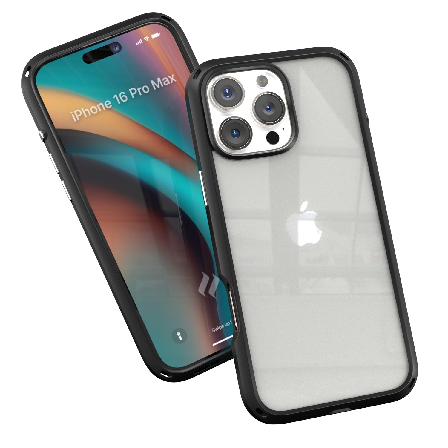 Two smartphones in Catalyst's black iPhone 16 Pro Max Drop Proof Cases, one showcasing a colorful screen with the text "iPhone 16 Pro Max'," and the other displaying the back, featuring an Apple logo and camera lenses.