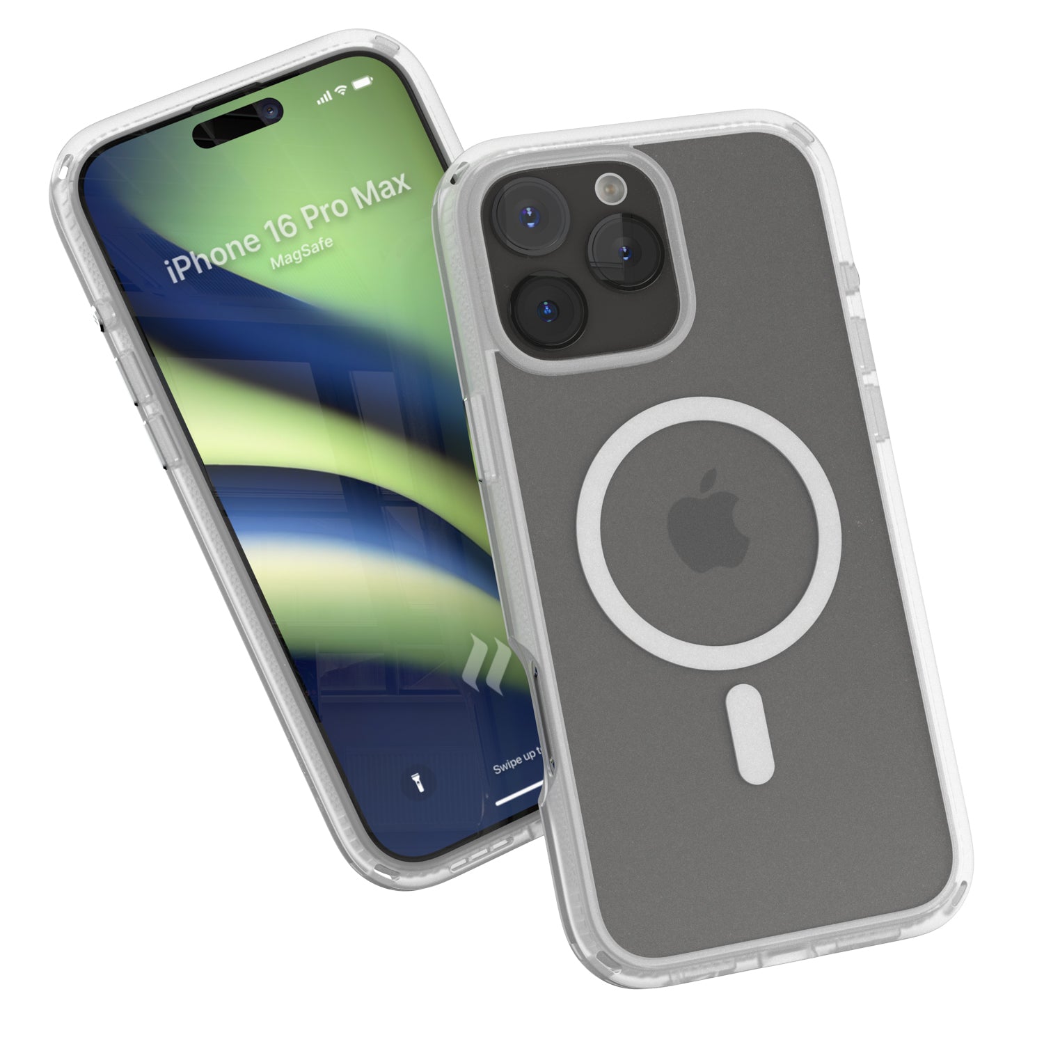 Two smartphones in Catalyst's clear iPhone 16 Pro Max Drop Proof Cases, MagSafe Compatible, one showcasing a colorful screen with the text "iPhone 16 Pro Max'," and the other displaying the back, featuring an Apple logo and camera lenses.