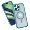 Two smartphones in Catalyst's ocean blue iPhone 16 Pro Max Drop Proof Cases, MagSafe Compatible, one showcasing a colorful screen with the text 