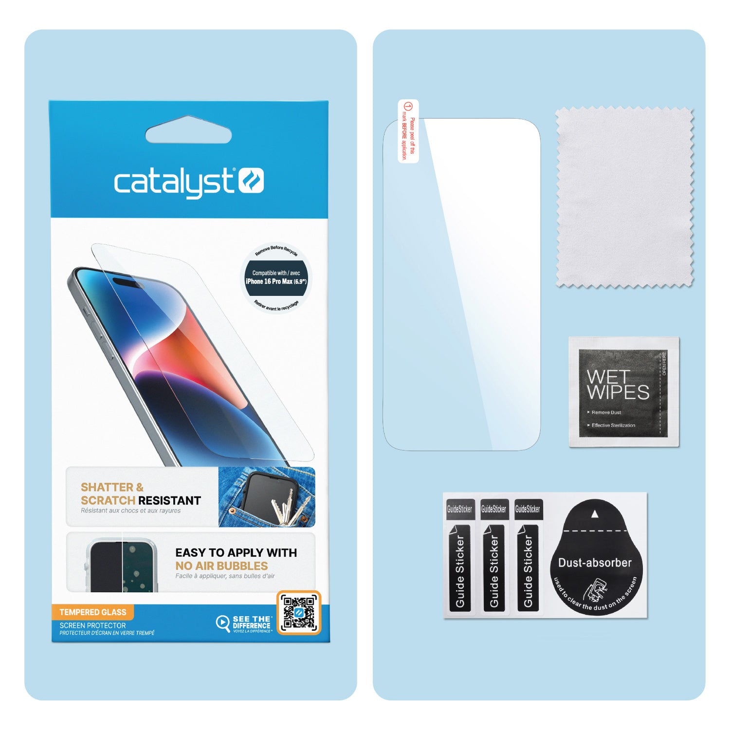 Packaging and contents of an iPhone 16 Pro Max - Tempered Glass Screen Protector, including the protector, wet wipes, a dust absorber, guide stickers, and a cleaning cloth.