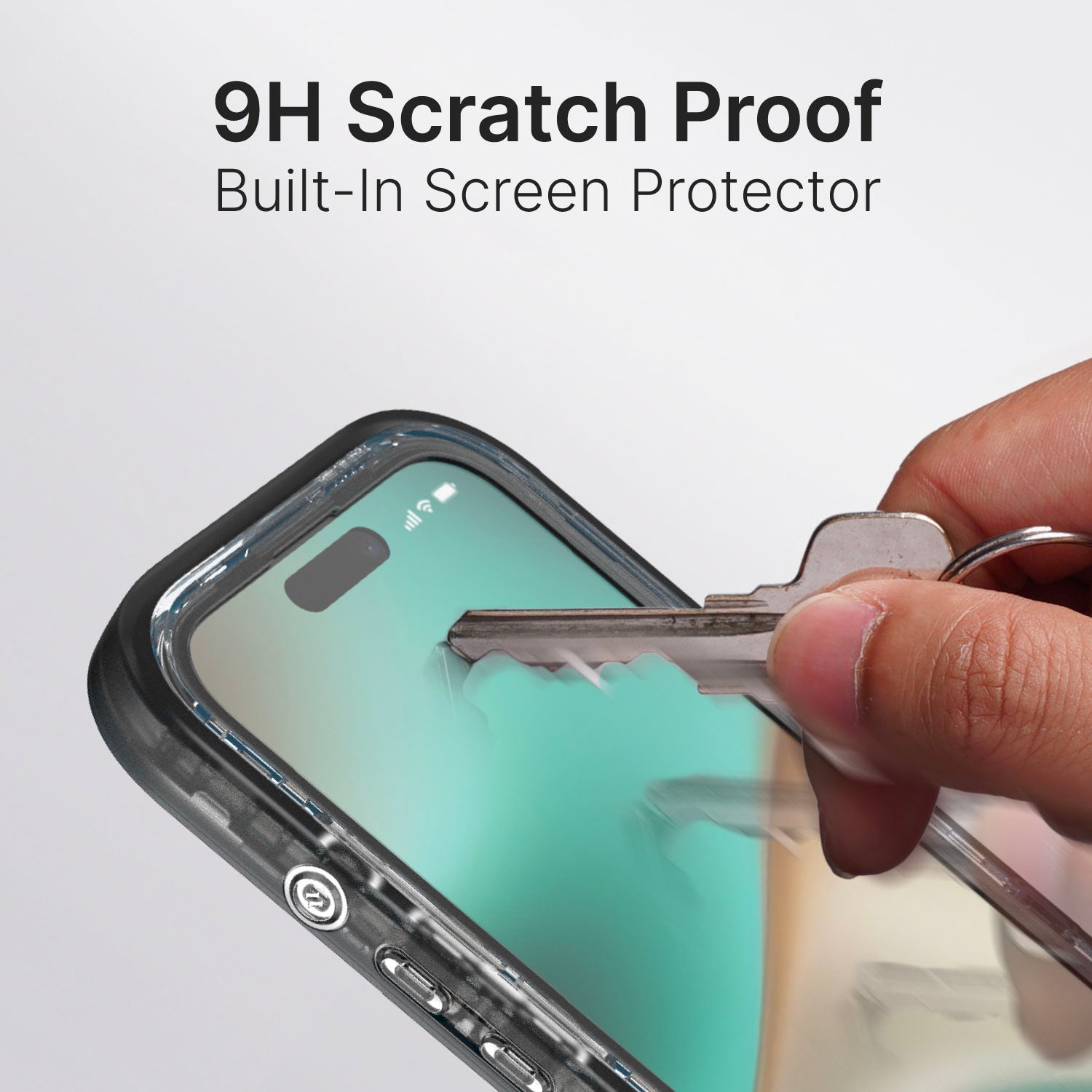 A hand holding keys tries to scratch an iPhone 16 Pro, but the Catalyst Waterproof Case in black with a 9H scratch-resistant built-in screen protector prevents damage.