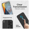 Collage showcasing the features of the glass screen protector, highlighting its clear transmission, fingerprint-free coating, and ultra-smooth touch response.