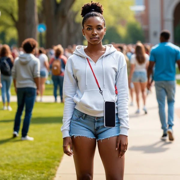 A woman in a white hoodie and denim shorts walks on a crowded path, holding an iPhone secured with a Catalyst red Crossbody Shoulder Strap.