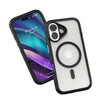 Two smartphones in Catalyst's black iPhone 16 Drop Proof Cases, MagSafe Compatible, one showcasing a colorful screen with the text 