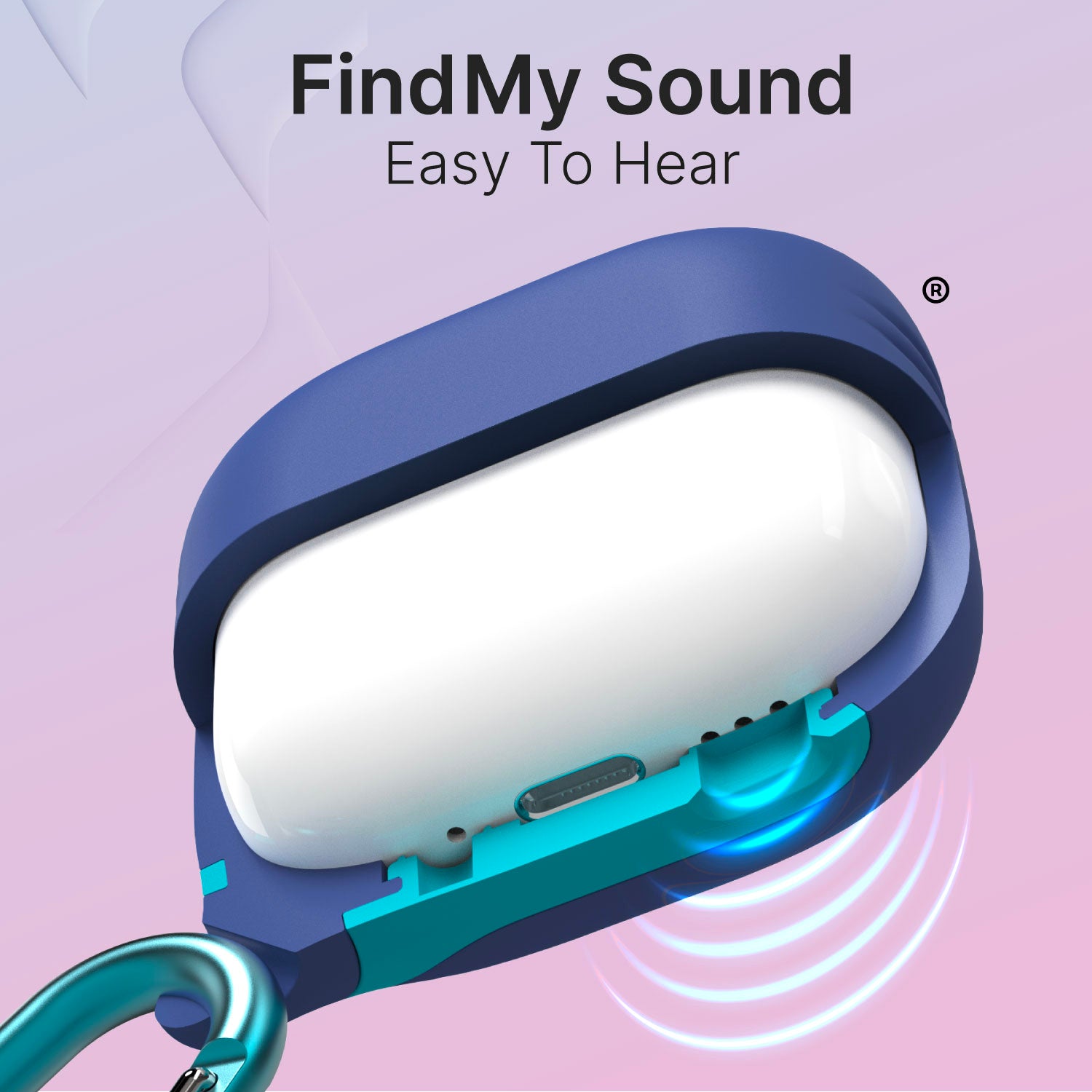 An Indigo Blue protective silicone case for AirPods (Gen 4) is displayed, featuring its waterproof properties, support for the FindMy function, and sound audibility through the case. The product comes from Catalyst and includes a carabiner.