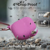 A rugged Catalyst AirPods (Gen 4) - Waterproof case in pink is shown being dropped on a gravel ground, demonstrating its durability with over 4000 drop tests and no damage. Text highlights 4 ft drop proofing.