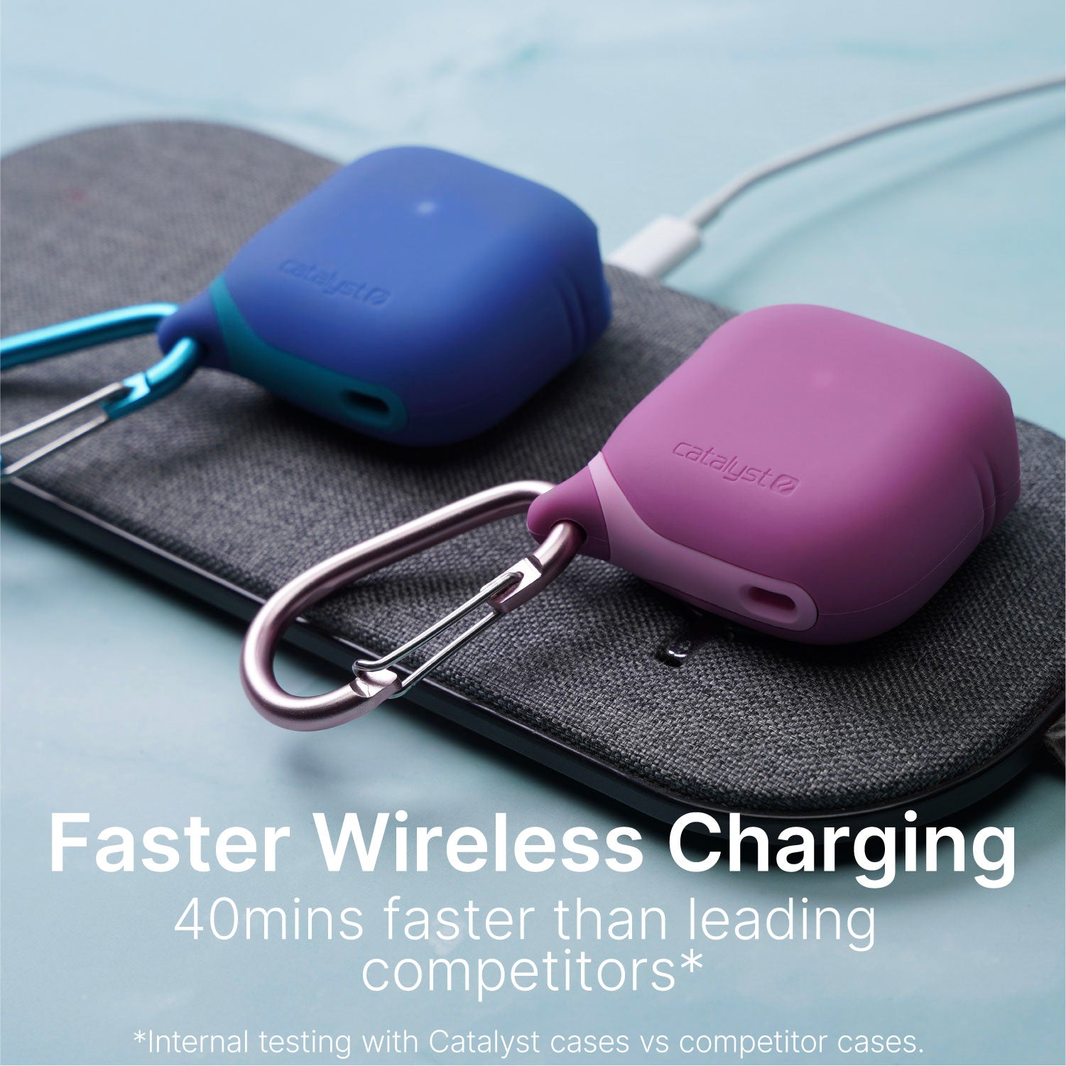 The Rose Pink & Indigo Blue Catalyst waterproof case with carabiner for AirPods (Gen 4) pairs with a wireless charging pad, and features a visible green charging light. The text emphasizes a faster charging claim compared to competitor cases.