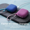 The Rose Pink & Indigo Blue Catalyst waterproof case with carabiner for AirPods (Gen 4) pairs with a wireless charging pad, and features a visible green charging light. The text emphasizes a faster charging claim compared to competitor cases.