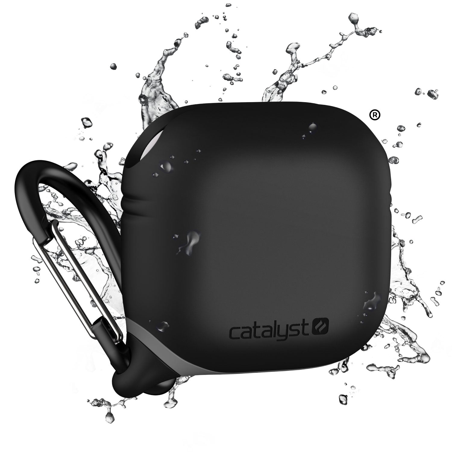 The Catalyst AirPods (Gen 4) Waterproof Case in black with Carabiner is showcased surrounded by water splashes, highlighting its water-resistant features.