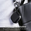 Close-up of a Catalyst AirPods (Gen 4) - Waterproof Case in black, secured to a bag with a carabiner. Text reads: 