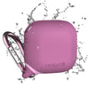 The Catalyst AirPods (Gen 4) Waterproof Case in rose pink with Carabiner is showcased surrounded by water splashes, highlighting its water-resistant features.