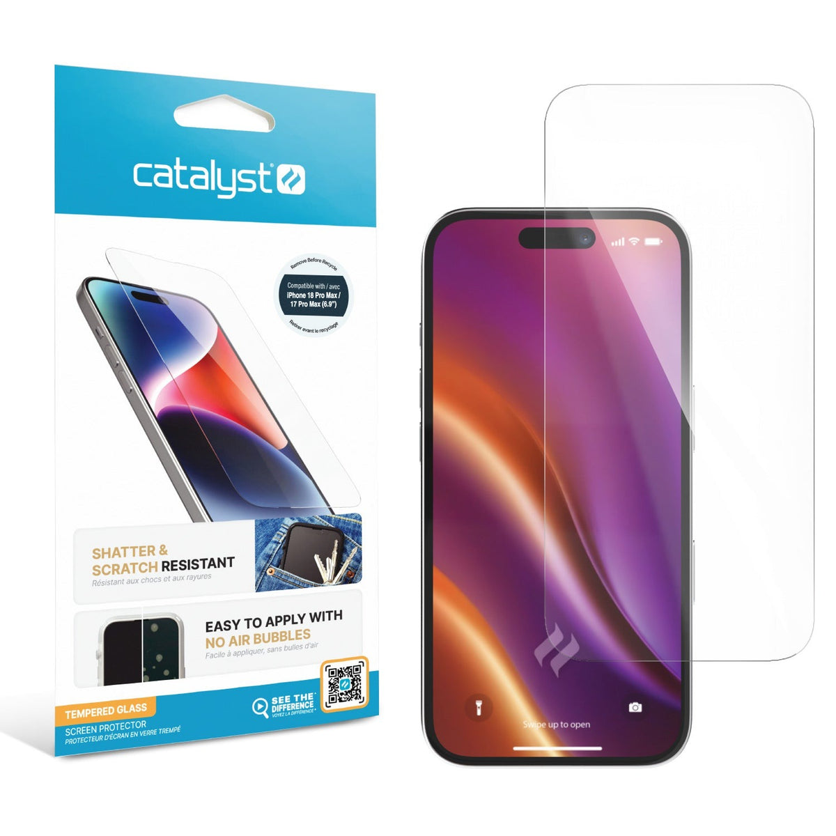 Catalyst tempered glass screen protector for iPhone 18/17 Pro Max in its retail pack beside the phone