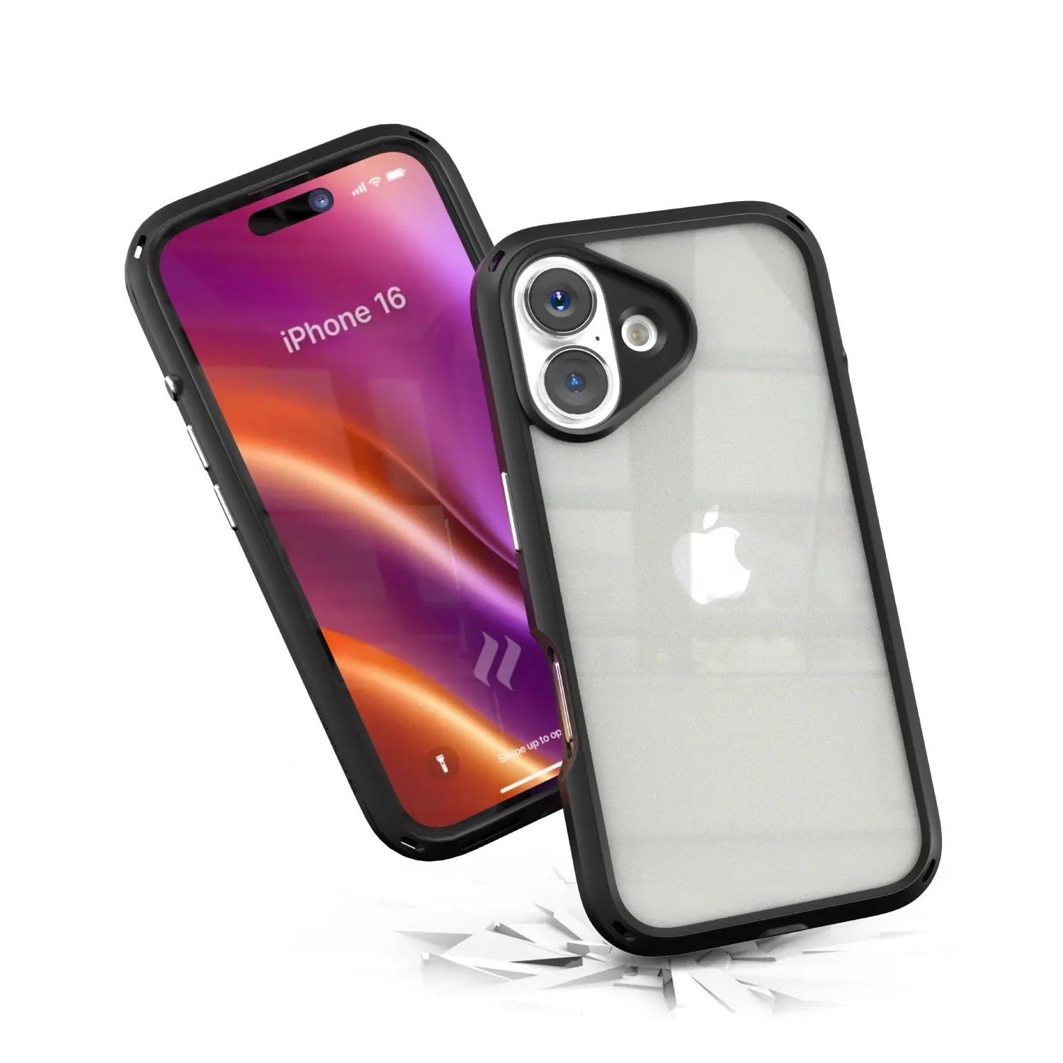 A sleek, protective iPhone 16 case by Catalyst Lifestyle Gear featuring a transparent back with a black border, showcasing durability and style; the iPhone screen displays vibrant colors.