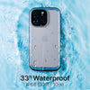 The Catalyst Waterproof Case for iPhone 16 Pro Max, in black, is shown submerged in water with text highlighting its IP68 protection—waterproof up to 33ft/10m.