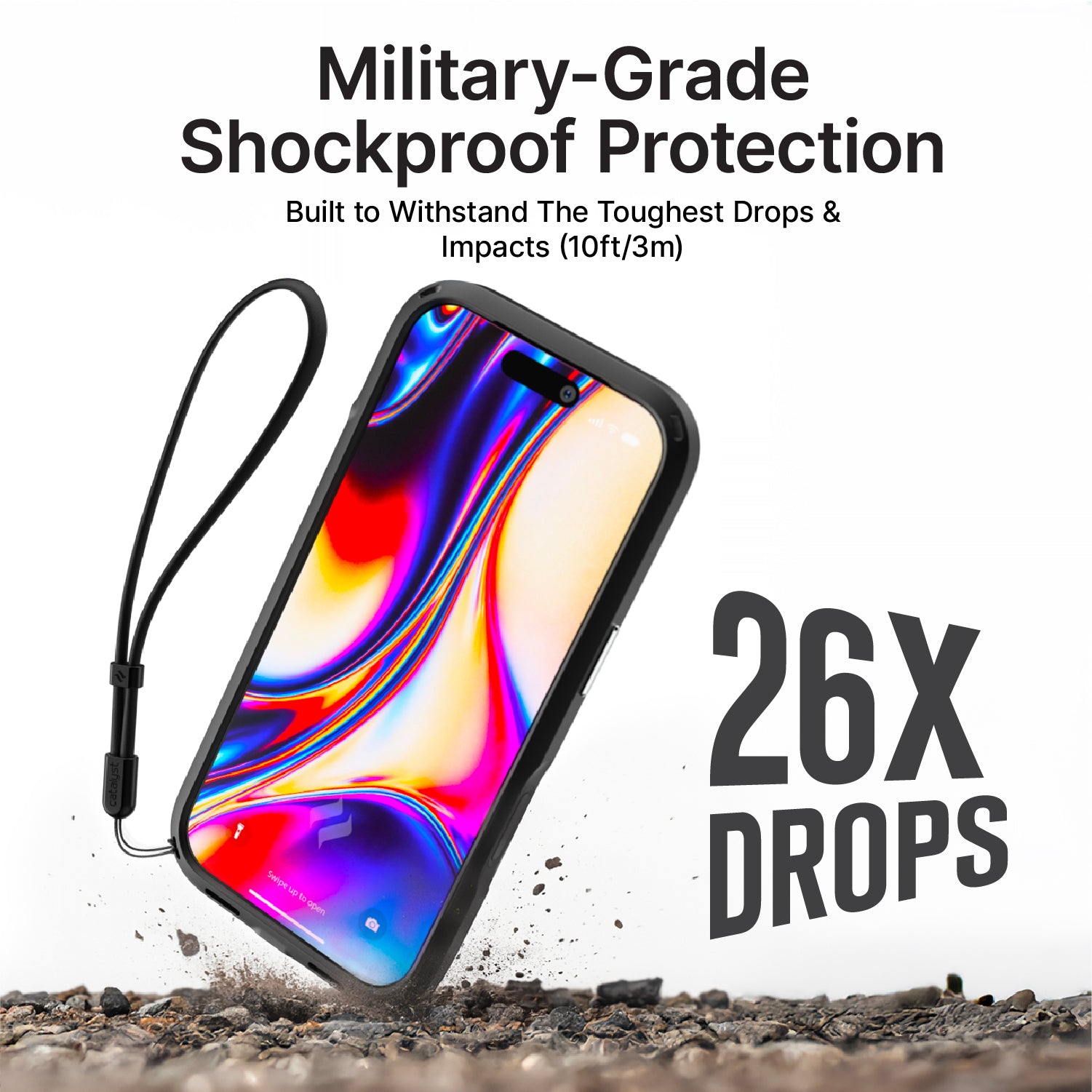 Phone case with military-grade shockproof protection feature on a white background